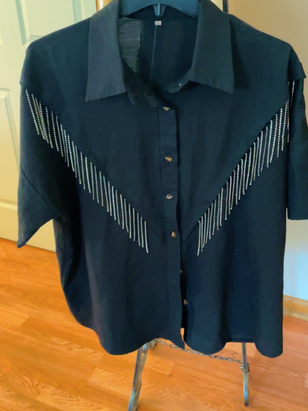 Women’s Black Button-Down Shirt with Silver Accent Fringe